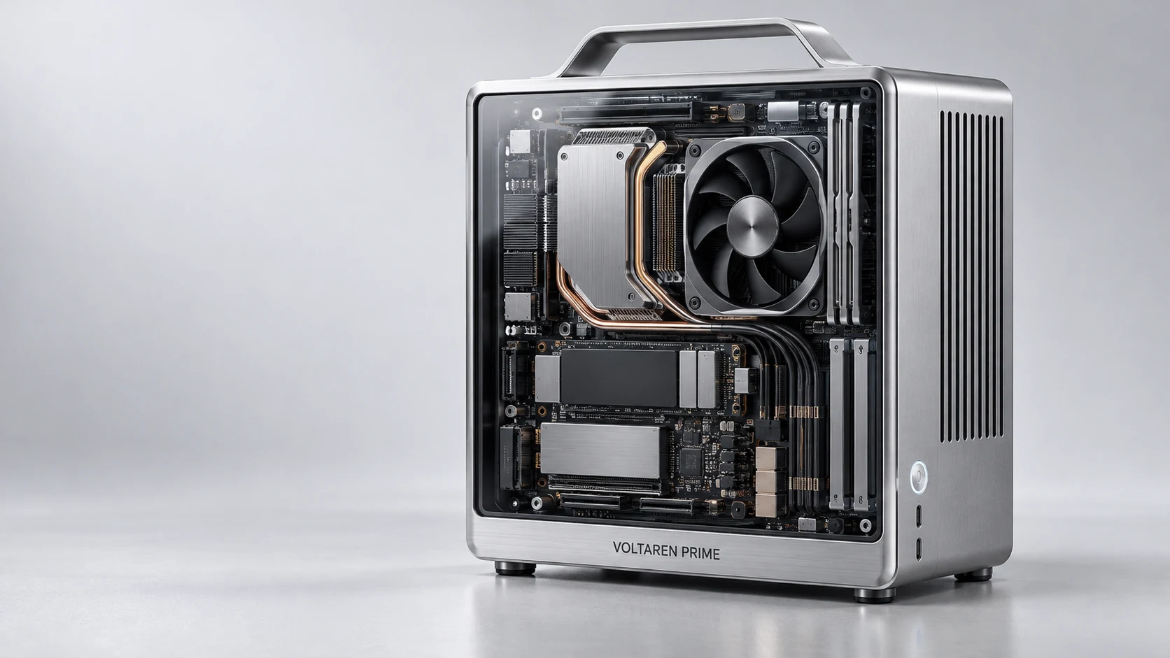 VOLTAREN PRIME: a brushed-silver personal AI workstation with a transparent front and integrated handle